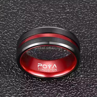 POYA Bague en tungstène unisexe 8 mm doublure en aluminium rouge plaqué noir en forme de boule à la mode pour cadeau de fête d'anniversaire de fiançailles de mariage