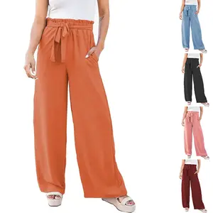 Palazo suelto de pierna ancha para mujer, pantalones de algodón con fajas de cintura alta, moda urbana, 2023