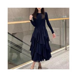 فساتين نسائية أنيقة للخريف بطول متوسط مع تصميم مطوي وكشكشة وزخرفة مجعدة وأكمام طويلة وتصميم متدرج بنمط صلب منسوج - Product Image 3