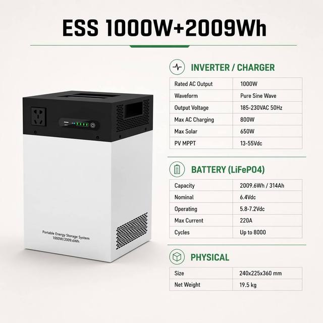 All-in-One Portable Power Station 1000W 2009Wh Solar Generator for Camping RV Van Life Home Emergency Backup Pure Sine Wave