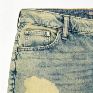 Shorts en jean vintage délavé pour homme, teinte jaune, style charpentier, ourlet brut, streetwear, patchwork délavé, jorts - Product Image 5