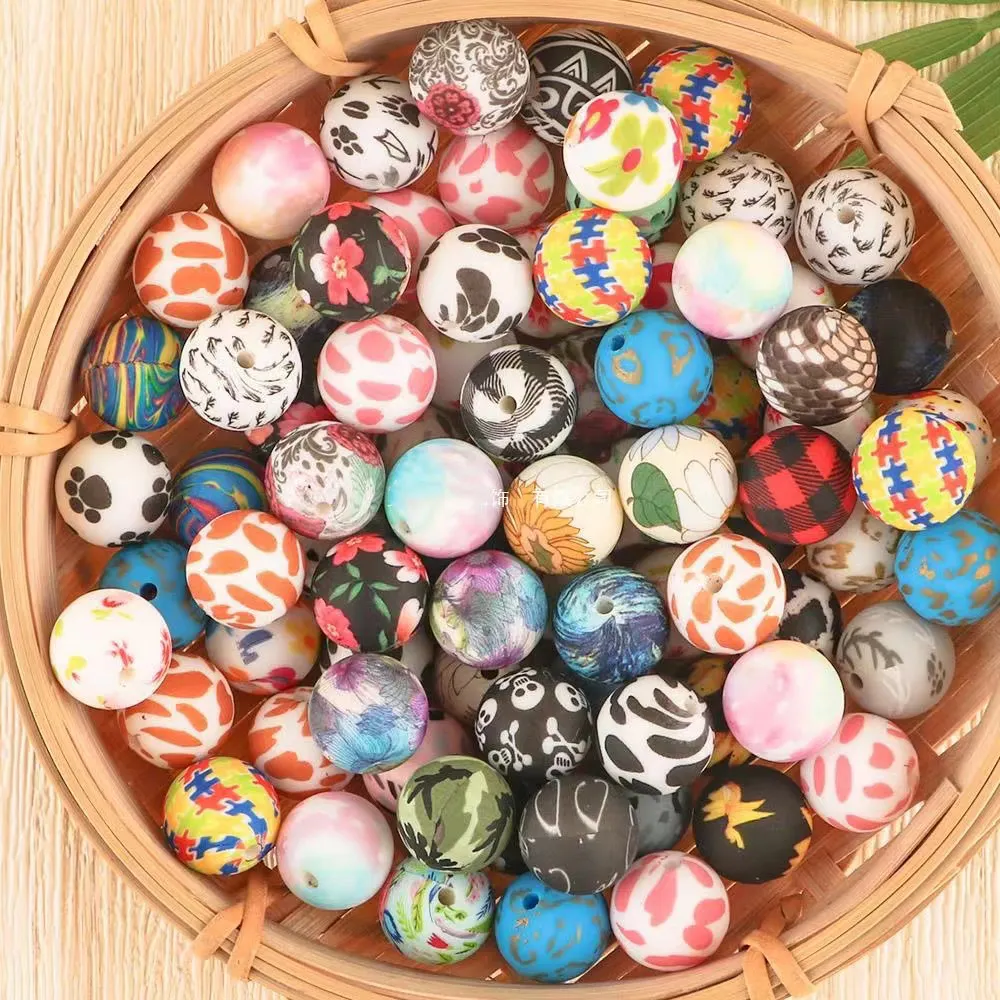 15mm BPA Free Pattern Print Round Silicone Chewable Teething Beads DIY Pens Accessories Custom Silicone Loose Beads