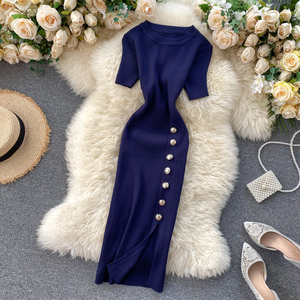 Populaire Robe Femme Dame Élégante Coréenne Couleur Unie Boutonnée Slim Manches Courtes Tricotée Fendue Moulante - Product Image 6