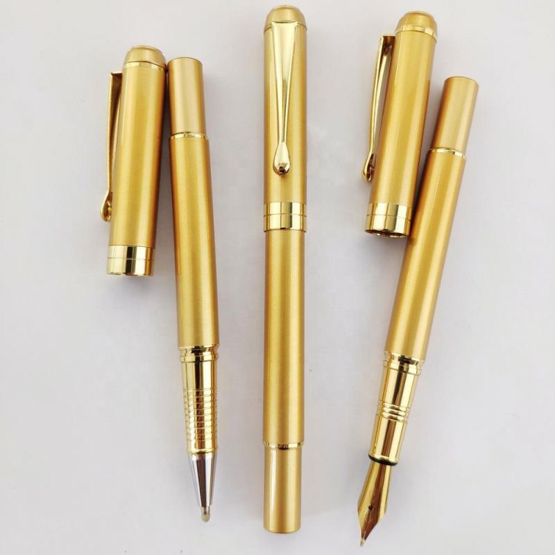 Золотая металлическая перьевая ручка и роликовая ручка с чернильным картриджем