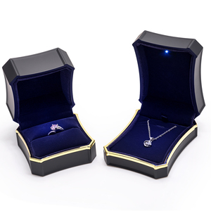 Touching Rubber Paint Metal Jewelry Packaging <b>Ring</b> Pendant Box Display With Metal Golden Rim and LED Light - Product Image 3