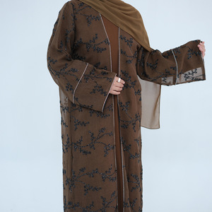 Turkish Floral Embroidery Crepe Abaya Dress for Adults Open Muslim Women's Puff Sleeves <strong>Kaftan</strong> for Eid Long Robe From Dubai Arab - Product Image 1