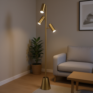 Lampadaire LED DB Lumina contemporain en laiton doré, triple spots, interrupteur rotatif, base conique en métal, lumière blanche froide, pour salon - Product Image 2