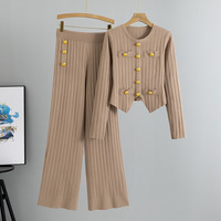 Nouvelles Arrivées Ensemble Pull Tricoté Rayé Ample Col V Cardigan Manches Longues Boutonné Manteau Pantalon Large Printemps Décontracté