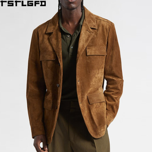 Cut And Sew <b>Suede</b> Notched Lapel <b>Jacket</b> <b>Men</b> Tobacco Brown Four Pocket Windbreaker Streetwear Outerwear Manufacturers Bulk - Product Image 5
