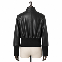 Jaket Pendek Kasual Wanita Kulit Domba Asli Hitam Tahan Angin Berwarna Polos dengan Ritsleting Kerah Berdiri dan Trim Rajut Rib.