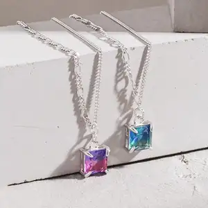 Wholesale Square Two Color Amethyst Natural Gemstone Real Fine Jewelry 925 Sterling Silver Pendant Necklaces For Women