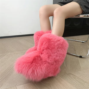Luxe marron rose véritable fourrure de renard couleur unie bottes de neige plates dames bout rond réchauffement sans lacet haut loisirs mi-mollet bottes - Product Image 3