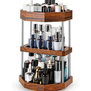 Hot sale Multi-function Desktop 360 Degree Rotating 3 Tier Wood Makeup Storage Organizer Cosmetic Shelf and Jewelry Storage Case