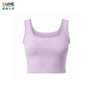 SUHE Women's <b>Lace</b> Trim Square Neck Crop <b>Tank</b> <b>Top</b> Solid Color Breathable Spandex Cotton Yoga <b>Top</b> - Product Image 5