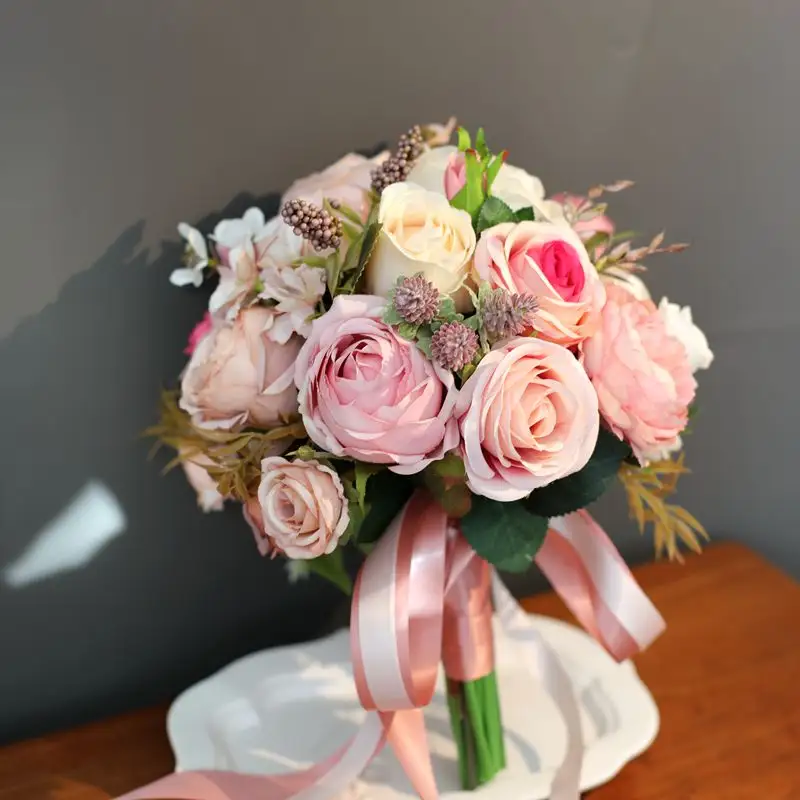 Rose Pink Ball-shaped Silk Rose Bridesmaid Sisters Wedding Bouquet Wedding Flowers Wholesale Decoration