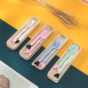 ชุดช้อนส้อม2ชิ้นสำหรับเด็กลายการ์ตูนพลาสติกด้านข้างแบบพกพาทันสมัย - Product Image 1