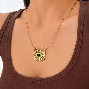 Myneck Aksesori kalung liontin manik-manik emas wanita, Aksesori baja tahan karat berlapis emas 18k perhiasan zirkon mata hitam - Product Image 5