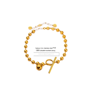 Fashion <b>Beaded</b> <b>Bracelet</b> 316L Stainless Steel PVD <b>Gold</b> Plating T-Bar Closure Sustainable Resistant Jewelry - Product Image 2