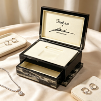 Boîte à bijoux en bois à grain marbré brillant avec tiroir, doublure en microfibre, logo personnalisé, charnière métallique pour le rangement et la présentation de bijoux