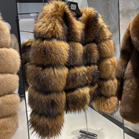 Chaqueta Corta de Piel de Mapache Genuina Marrón Natural para Mujer, con Gancho Oculto, Abrigo de Invierno de Piel Real y Esponjosa