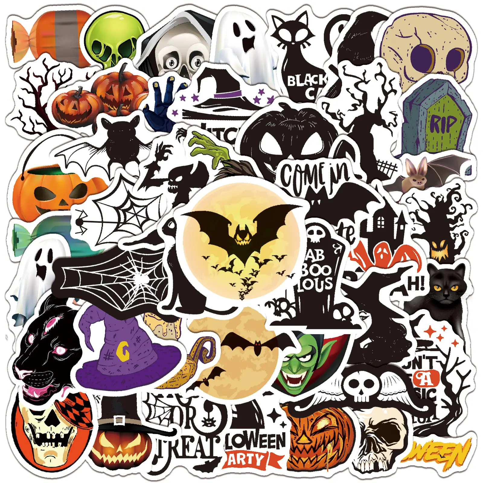 50Pcs Horror Pumpkin Head Skull Bat Cartoon Graffiti Stickers For Gift Bottle Laptop Phone Custom Halloween Label