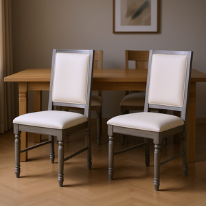 Sedie da pranzo con schienale aperto, rivestimento in lino grigio anticato color crema, gambe in legno, stile rustico, set di 2 - Product Image 2