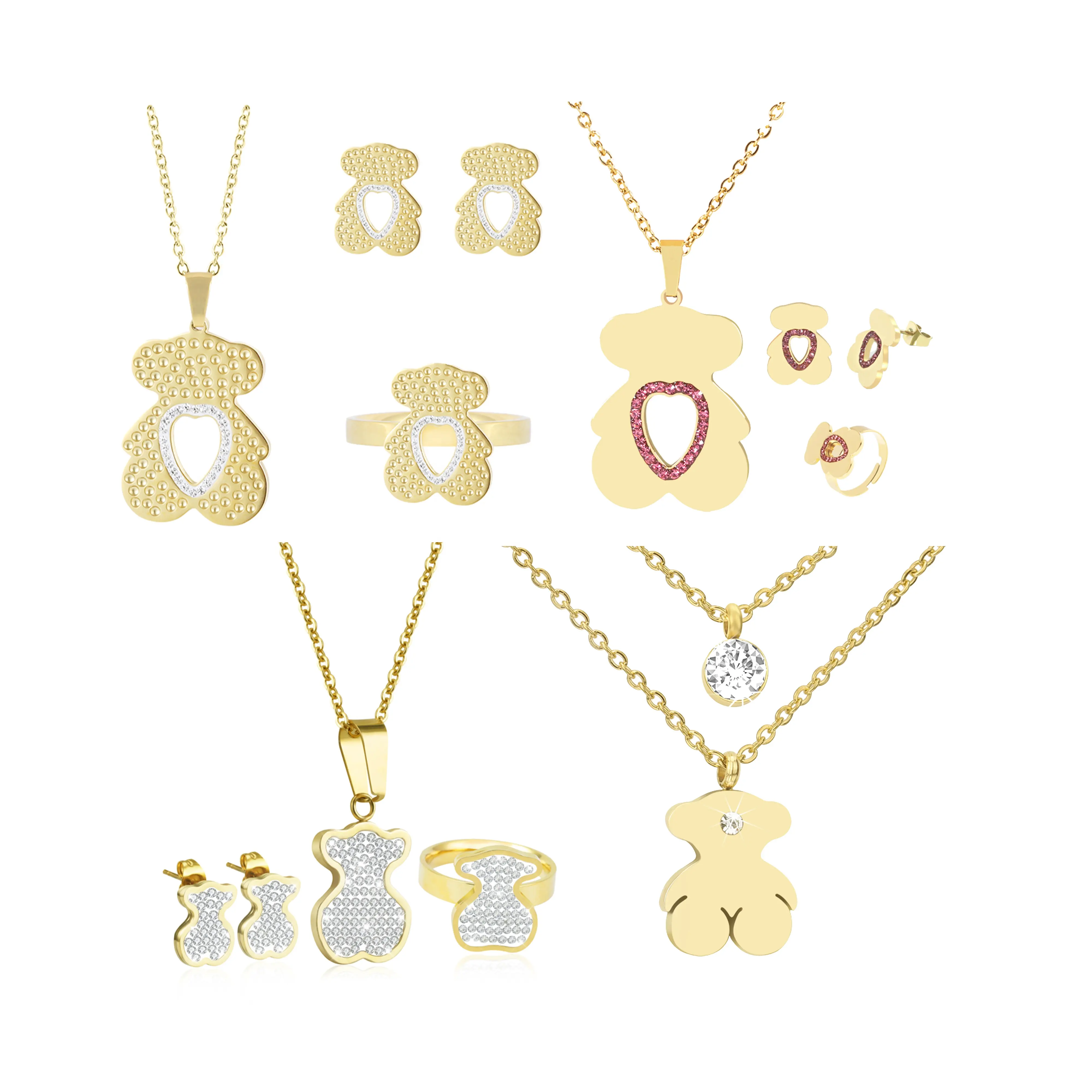 Conjunto de joyería de moda de oso de acero inoxidable para mujer, chapado en oro