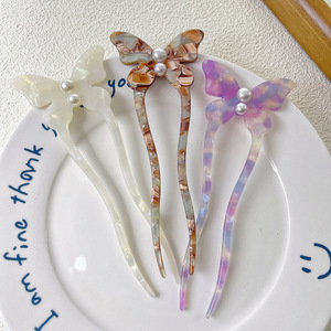 Qianjin新しいヘアアクセサリー2024春夏エレガントなカラフルなアセテートパールビーズバタフライヘアスティックフォークU字型ヘアピン - Product Image 3