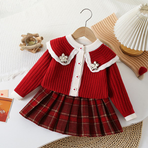 Completo in Maglia Acrilica con Pizzo per Bambina, Nuovo Stile Coreano alla Moda Autunno Inverno, con Piccole Stelle, Fiori e Pieghe a Quadri - Product Image 3