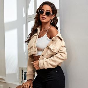 Wholesale Custom Autumn Winter Plain <b>Crop</b> Top Flannel Shirts Long Sleeve <b>Jacket</b> Coat With Pockets Women - Product Image 1