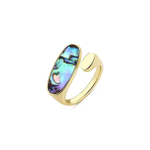 18k Gold Plated Bohemia Exaggerated Fashion Abalone Shell Open Adjustable Rings For Women Girls 925 Sterling Silver Jewelry