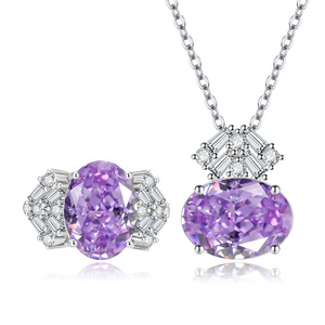 Latest Trending Jewelry <b>Copper</b> 10*12mm Oval Cut Cubic Zirconia Purple Pendant <b>Necklace</b> Rings Jewellery Set For Women - Product Image 1