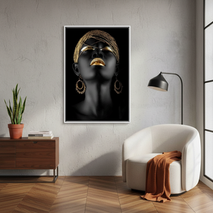 Elegant <b>Black</b> Woman Gold Lip Canvas Print Modern African Art Art Deco Panel Hanging Clear <b>Framed</b> Canvas - Product Image 3