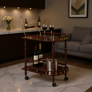 Chariot de service à boissons à 2 étagères en bois, design classique, avec roulettes, pour bar à domicile, Merlot And Brass - Product Image 2