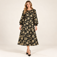 Gaun Midi Wanita Hitam Emas Bermotif Bunga 2026, Kerah Bulat, Lengan Puff Panjang, Model A-Line, Vintage, Elegan, untuk Pesta Musim Gugur, Santai