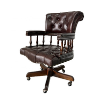 Fauteuil de capture en cuir véritable bœuf foncé, pivotante, avec roulettes, base en bois, pour maison et bureau, royaume-uni