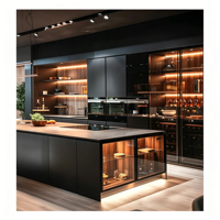 Vermonhouzz Armoires de cuisine noires personnalisées avec vitrines et rangement à vin intégré pour cuisine commerciale