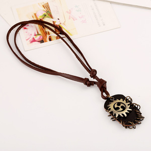 Kalung Kulit Liontin Spiral Matahari untuk Pria, Kalung Tali Perak Perunggu Antik, Vintage <span class=keywords><strong>Rock</strong></span>, 2 Warna - Product Image 3