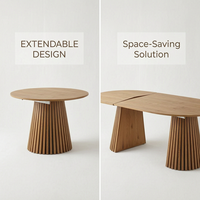 Table à manger extensible de style Japandi avec base à piétement nervuré, ensemble de table de cuisine moderne de luxe en MDF avec chaises rembourrées pour 6 à 8 personnes