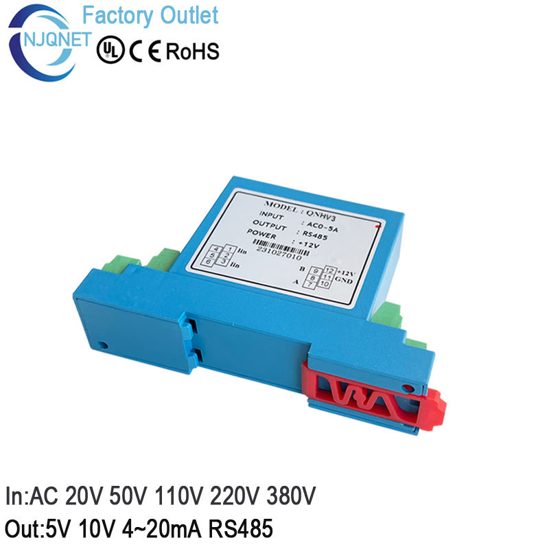 Hall Effect AC DC Voltage Transducer QNHV3 Input 100mV 5V 10V 50V 100V 500V 1000V Output 4-20mA RS485 0-10V 0-5V Voltage Sensor