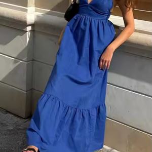 Robe longue d'été décontractée bleue en coton et lin de haute qualité, col en V, sans manches, avec fente haute, pour femme - Product Image 6