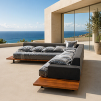 Canapé d'extérieur modulable en teck de luxe moderne, gris foncé, rembourré, en forme de L, mobilier de patio à profil bas pour villa et complexe hôtelier
