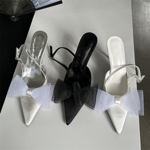 2025 Fashionable White Slingshot High Heel Wedding <b>Shoes</b> for Women Ankle Strap Sandals with Mesh Bow High Top Style for Summer - Product Image 4