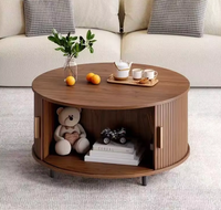 Table basse ronde moderne en bois avec porte coulissante de rangement, en noyer, pour salon, vente en gros pour appartement et hôtel