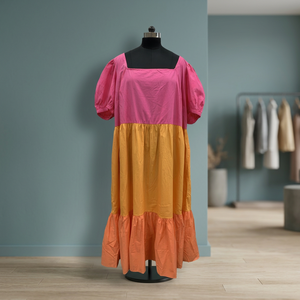 Color Block Midi <b>Dress</b> Square Neck Puff <b>Sleeve</b> Loose Fit Ruffle Hem Casual <b>Summer</b> Style Woven Polyester <b>Dress</b> - Product Image 2
