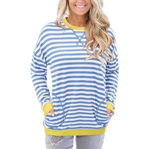 FOXA Blusa de manga larga a rayas para mujer, talla grande, con bolsillo, azul, amarillo, 3XL - Product Image 3
