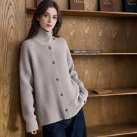 Cardigan en laine 100 % côtelé à col roulé pour femme, motif géométrique, manches longues, couleur unie, respirant, décontracté, collection automne, vente en gros sur mesure