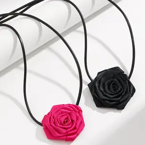 2024 Spring Summer New Design Simple Rope Long DIY Flannelette Red Black Rose Flower Choker Necklace For Women