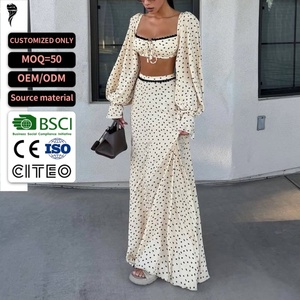 Custom Polka Dot 2 Piece <b>Set</b> <b>Square</b> Neck Puff Sleeve Front Tie Crop Top High Waist Split Maxi Skirt Vacation Matching Co Ord - Product Image 1