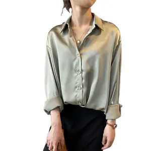 女人时尚长袖办公室穿缎面衬衫复古女士v领街头衬衫优雅丝绸衬衫ZJ826